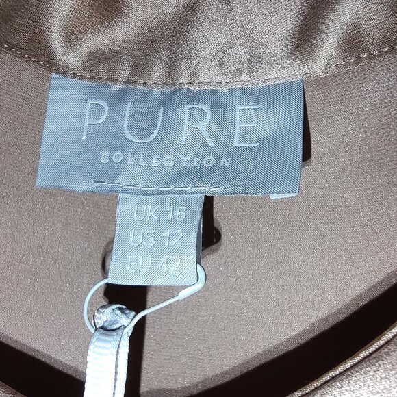 PURE COLLECTION BLOUSE 100% SILK LONG SLV SHIRT TAIL HEM CHAMPAGNE BEIGE SZ 12 - Picture 3 of 16